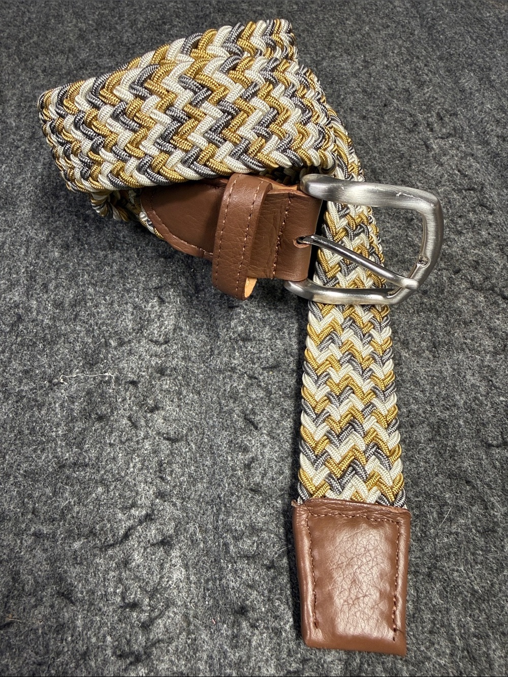 Faherty Woven Braided Elastic Belt in Brown, Gold, and Gray Stretches